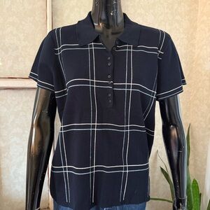 Liz Golf 100% Cotton Navy w White Grid Checks Button Polo Shirt Size XL
